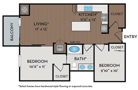 A floor plan of a home with a living room, kitchen, two bedrooms, a bathroom, and a balcony.